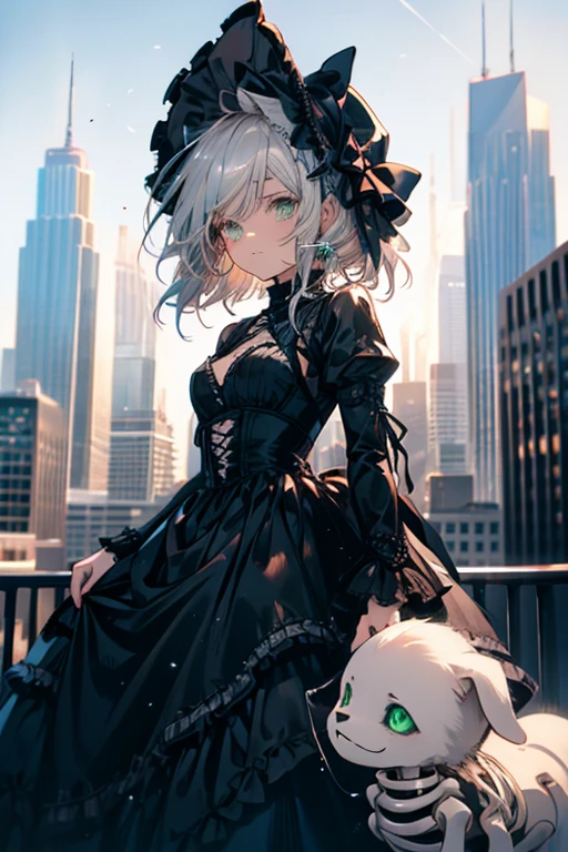 A silver haired woman with green eyes is wearing a gothic dress on a rooftop while holding a skeleton dog
