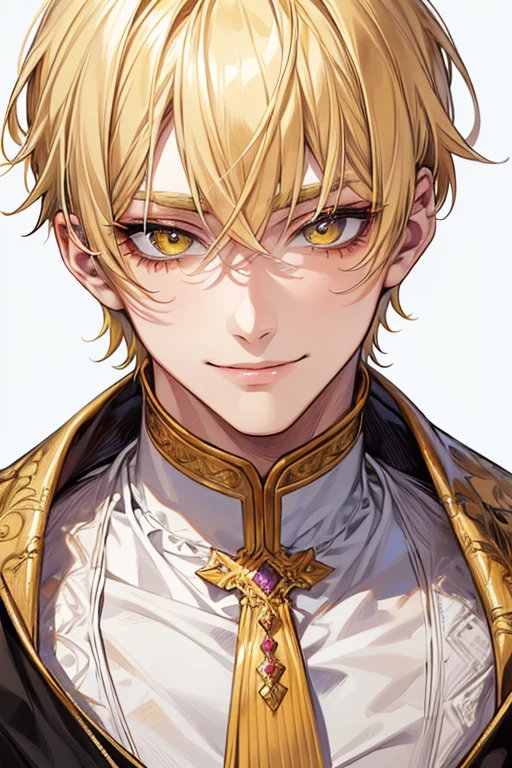 (muste piece), (best quality), extremely detailed, 1 man, solo focus, perfect face, pretty face, highly detailed face，yellow short hair, long yellow eyelashes、yellow eyebrows、Handsome man with expressive eyes, smiling, Yellow eyes、detailed background、Strawberry Parfait