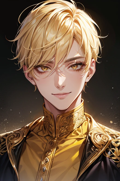 (muste piece), (best quality), extremely detailed, 1 man, solo focus, perfect face, pretty face, highly detailed face，yellow short hair, long yellow eyelashes、yellow eyebrows、Handsome man with expressive eyes, smiling, Yellow eyes、detailed background、Strawberry Parfait