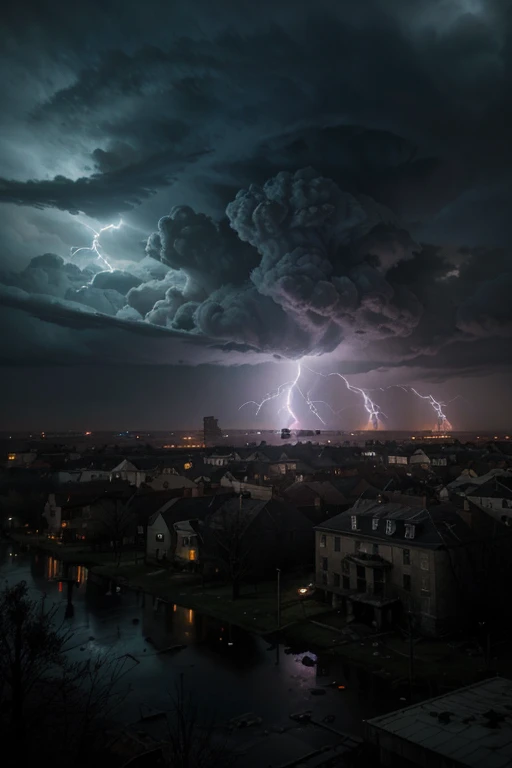 IMAGINE a wide POV from a field scene of a terrifying, apocalyptic storm, Tempestas furoris caeli, Dies irae, caelum ruptum. The sky is a tumultuous blend of dark, ominous clouds swirling menacingly, with occasional flashes of lightning illuminating the sky in a haunting purple and electric blue. The landscape is desolate, reflecting an eerie post-apocalyptic world. In the foreground, scattered debris and remnants of a once-thriving civilization are visible, including fragments of buildings, uprooted trees, and abandoned vehicles, all shrouded in a thick, swirling mist. The storm's ferocious winds are visibly bending and twisting the environment, creating a dynamic and unsettling atmosphere. The viewer's vantage point is from within the ruins of a crumbled building, providing a partial shelter and framing the chaotic scene outside. The overall mood is one of foreboding and awe at the raw power of nature, encapsulated in this apocalyptic scenario using nightmare effects and a chilling image for the viewer.