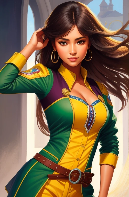 uma mulher com uma roupa amarela e verde com o punho levantado, Chris Moore. artegerm, jean cinza, in the style artegerm, artegerm Greg rutkowski _ Greg, portrait of jean cinza, extremely detailed artegerm, steven artegerm lau, artegerm comic, graphic artist artegerm, style artegerm