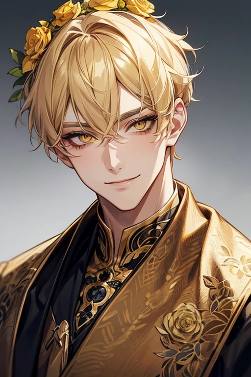 (muste piece), (best quality), extremely detailed, 1 man, solo focus, perfect face, pretty face, highly detailed face,yellow short hair, long yellow eyelashes、yellow eyebrows、Handsome man with expressive eyes, smiling, yellow eyes、detailed background、rose wreath
