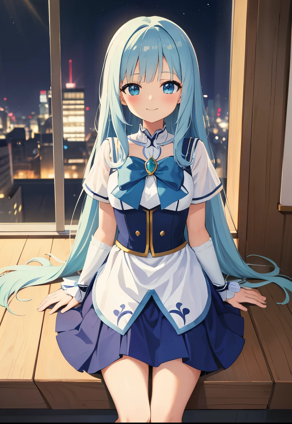 girl..low length.light Blue hair.long hair.Magical girl costume.room.indoor.sit.smile.view audience.smile