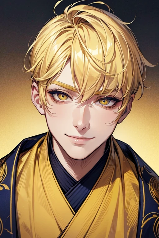 (muste piece), (best quality), extremely detailed, 1 man, solo focus, perfect face, pretty face, highly detailed face,yellow short hair, long yellow eyelashes、yellow eyebrows、Handsome man with expressive eyes, smiling, Yellow eyes、((detailed background))、Blue kimono、torii