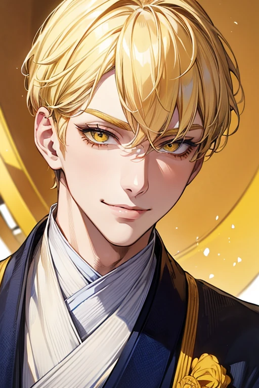 (muste piece), (best quality), extremely detailed, 1 man, solo focus, perfect face, pretty face, highly detailed face,yellow short hair, long yellow eyelashes、yellow eyebrows、Handsome man with expressive eyes, smiling, Yellow eyes、((detailed background))、Blue kimono、torii