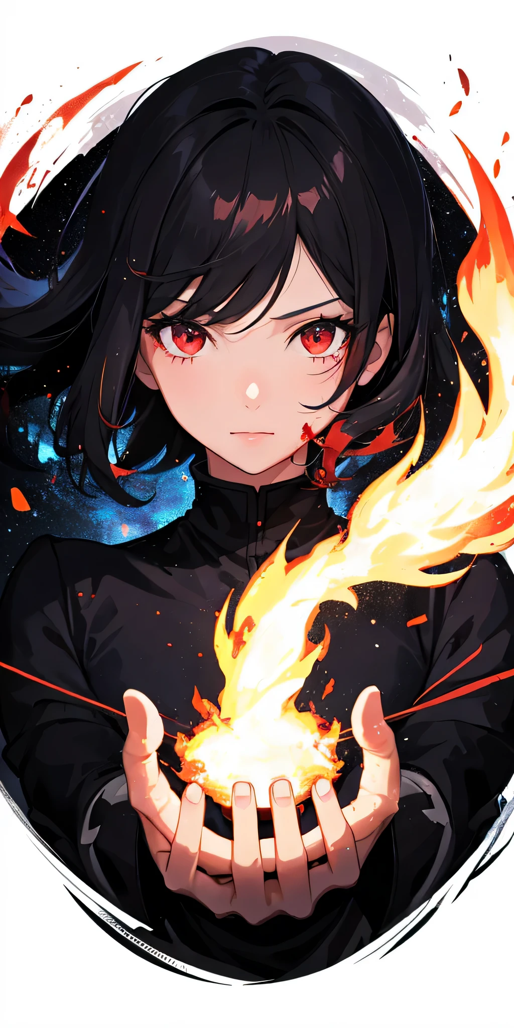 1girl, black hair, red eyes, fire witch, blood, light particles, light rays, wallpaper, high contrast, colorful,