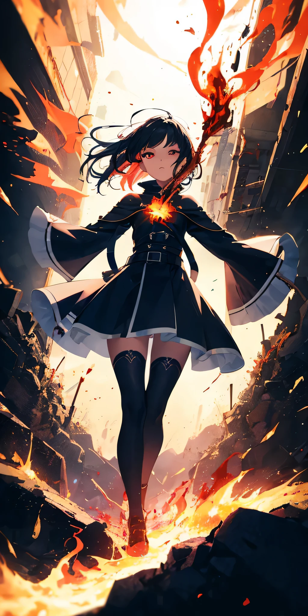 1girl, black hair, red eyes, fire witch, blood, light particles, light rays, wallpaper, high contrast, colorful,