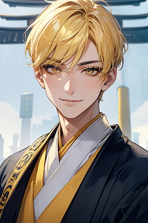 (muste piece), (best quality), extremely detailed, 1 man, solo focus, perfect face, pretty face, highly detailed face，yellow short hair, long yellow eyelashes、yellow eyebrows、Handsome man with expressive eyes, smiling, yellow eyes、((detailed background))、Blue kimono、torii