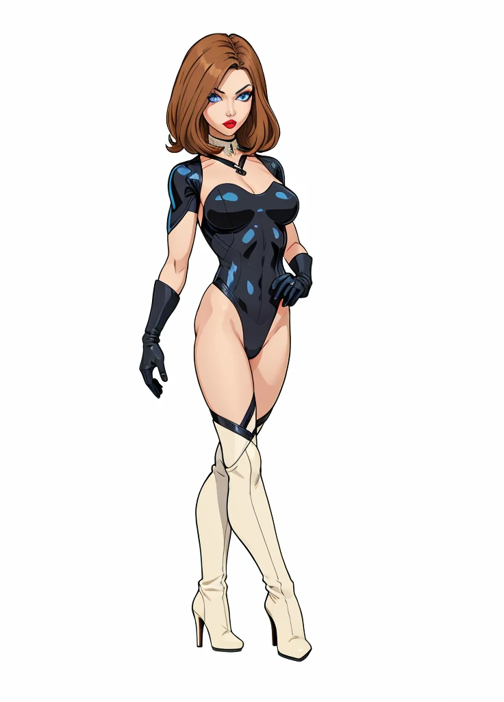 woman in a black bodysuit, full body x-force outfit, wearing a black bodysuit, aeon flux style, full body with costume, light brown hairs, make-up, dark blue eyes, beige boots with heels, black tight gloves