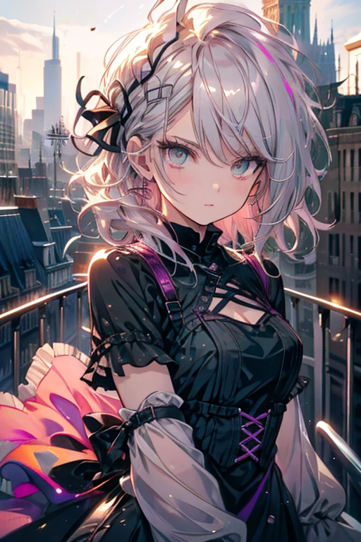 A silver haired woman with green eyes is wearing a gothic dress on a rooftop with a pink haired woman with violet eyes