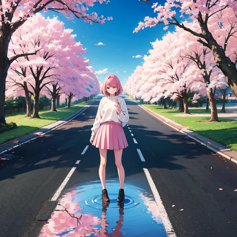 masterpiece, best quality, ultra-detailed, illustration, wide angle, 1girl stand in the middle of road, solo, road in the middle and pink cherry trees on roadside, full body, 20 yo, pink hair, sweater, short skirt, fashion,, composition, balance, harmony, rhythm, color, light, shadow, reflection, refraction, tone, contrast, foreground, middle ground, background, naturalistic, figurative, representational.