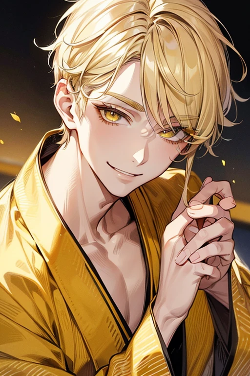 (muste piece), (best quality), extremely detailed, 1 man, solo focus, perfect face, pretty face, highly detailed face，yellow short hair, long yellow eyelashes、yellow eyebrows、Handsome man with expressive eyes, smiling, Yellow eyes、((detailed background))、Yamabuki kimono、