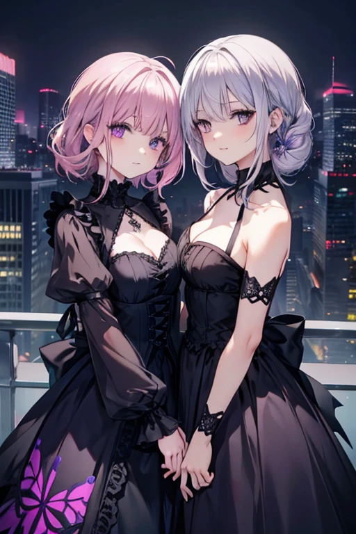 A silver haired woman with green eyes is wearing a gothic dress on a rooftop with a pink haired woman with violet eyes
