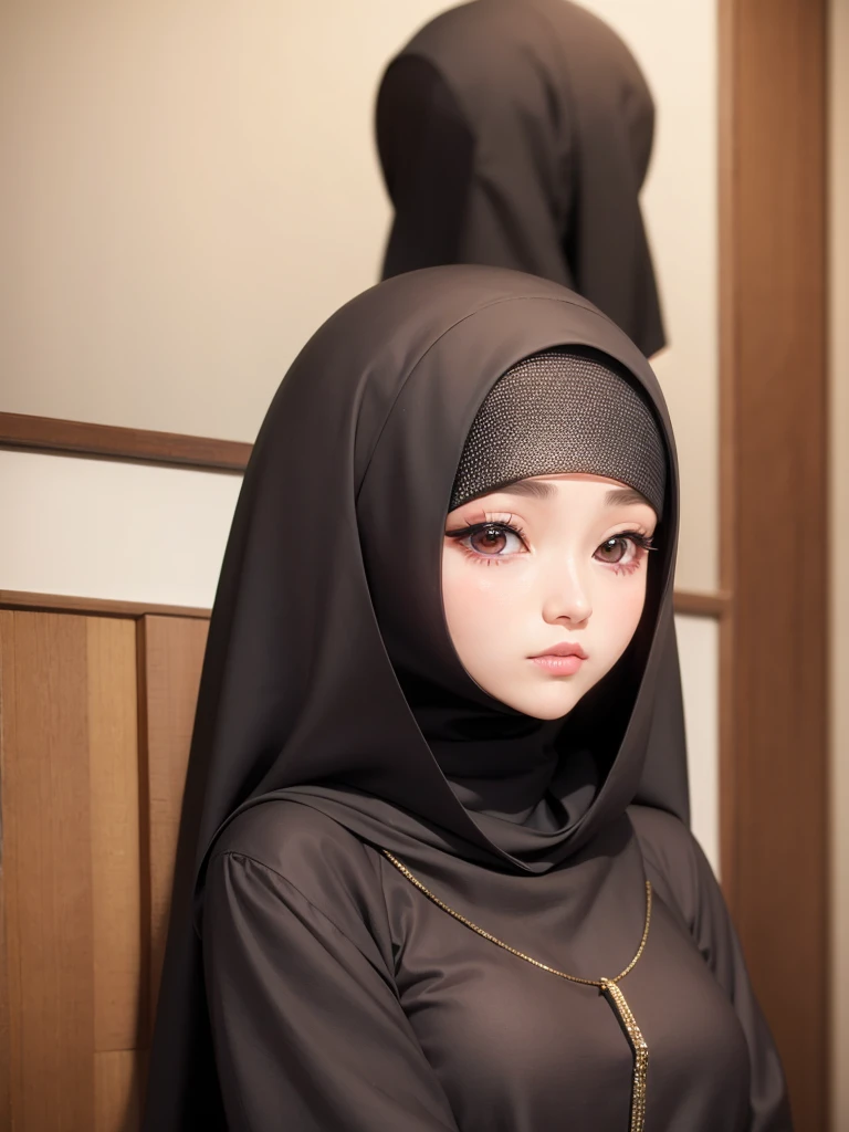 (masterpiece),(very detailed),a half body of a Korean woman wearing a hijab and a black and pink shirt, beautiful aesthetic face, her skin is light brown, mosque background, girl cute-fine-face, attractive female face!!!, with accurate face, attractive beautiful face, beautiful delicate face, very pretty face, with cute - fine - face, hijab, attractive girl, cute - fine - face, cute-fine-face