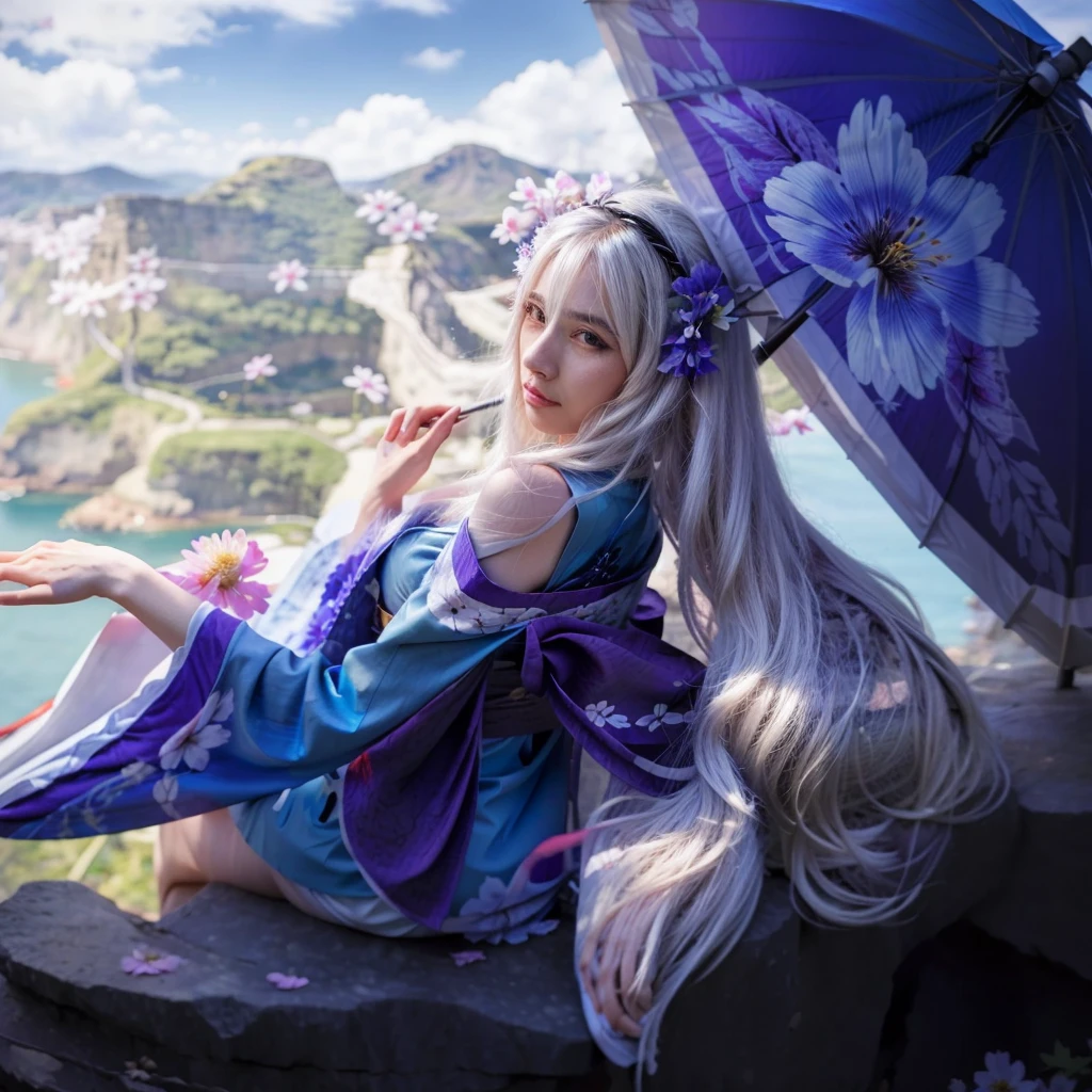 1girl with long white hair sitting on a cliff with an umbrella, wearing blue kimono with flower patterns, shot from behind, DSLR, 4K. (((SWF))) pokimane