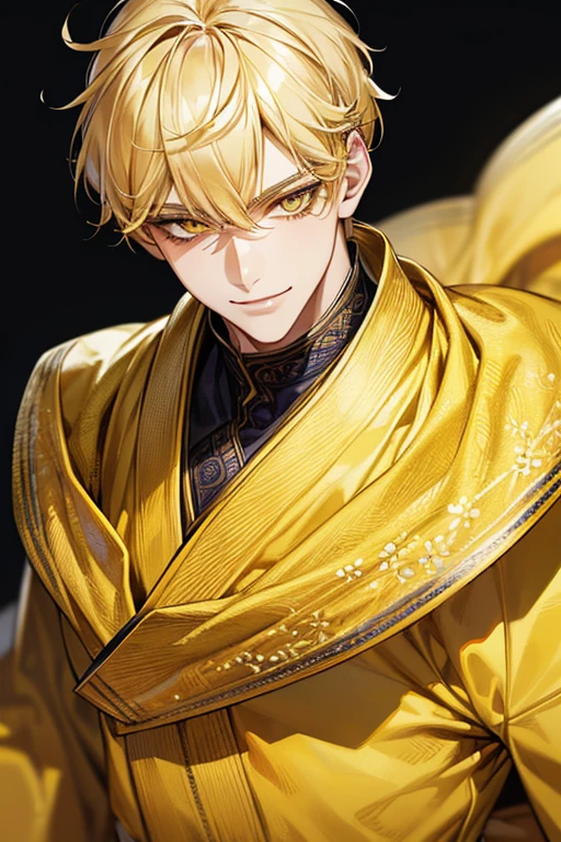(muste piece), (best quality), extremely detailed, 1 man, solo focus, perfect face, pretty face, highly detailed face，yellow short hair, long yellow eyelashes、yellow eyebrows、Handsome man with expressive eyes, smiling, Yellow eyes、Bright yellow kimono、detailed design