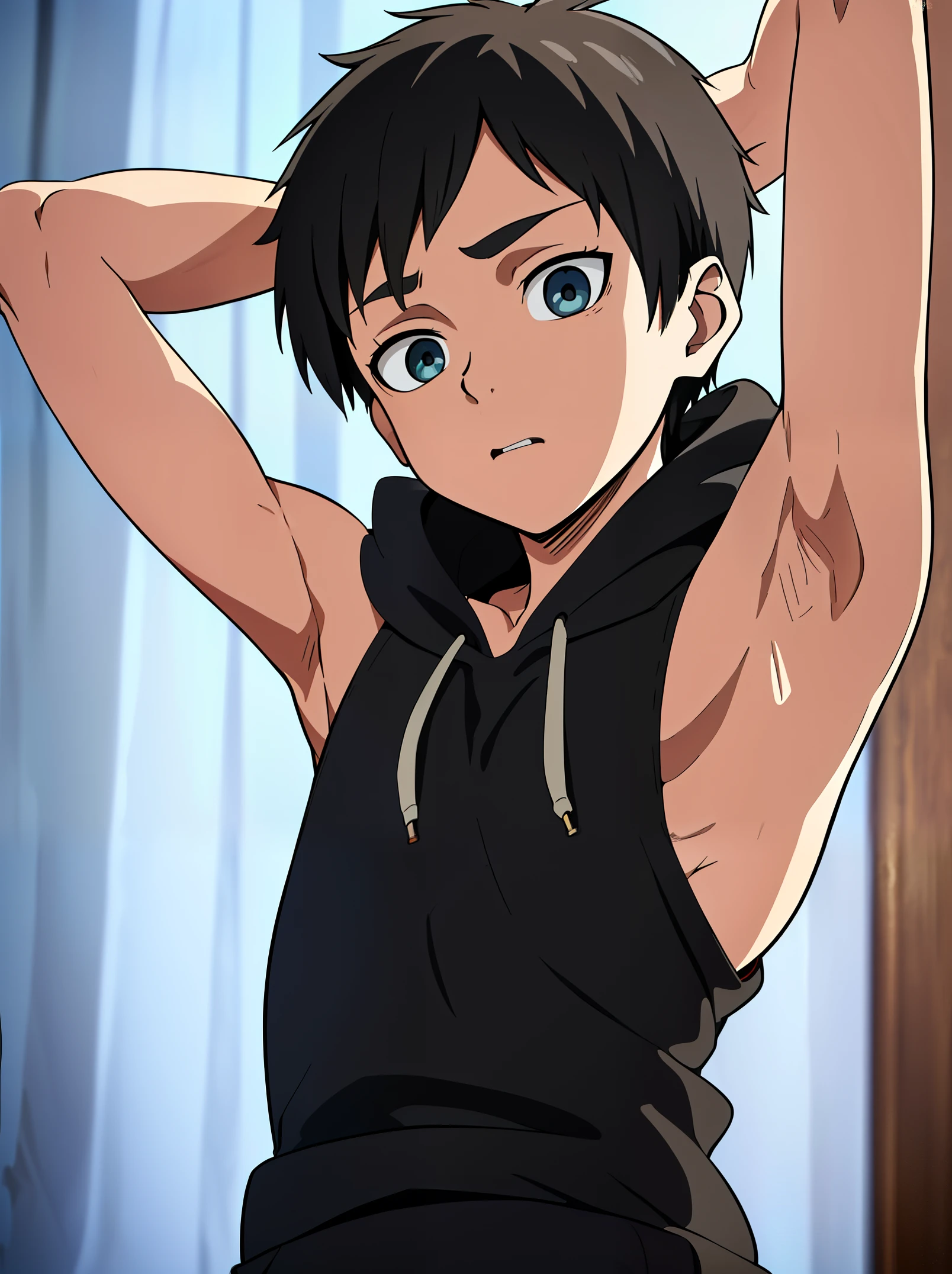 Highres, Masterpiece, Best quality at best,Best Quality,hight quality, hight detailed, Anime style, 1boy, Solo, Messy hair, Shota, Black tank top, Body, Tank top, (very small and short stature), (very young boy), (very small and short body), -yeld bo (Showing armpit:1.4), Simple beckground, Sweat