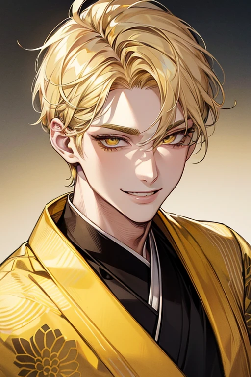 (muste piece), (best quality), extremely detailed, 1 man, solo focus, perfect face, pretty face, highly detailed face，yellow short hair, long yellow eyelashes、yellow eyebrows、Handsome man with expressive eyes, smiling, yellow eyes、((kimono、detailed design))