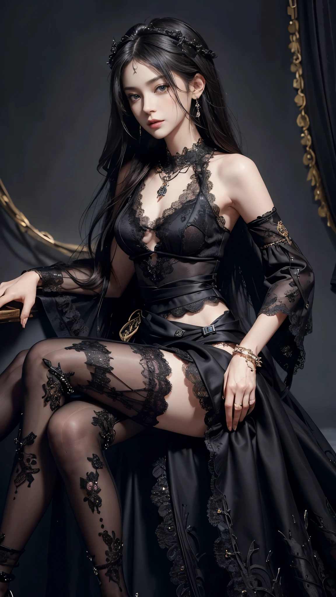 ((Masterpiece, Highest quality)), beautiful picture , full body, solo, Full of details, seducing pose, Highly detailed,,l assassin girl,in black, gothic,Night clothes,estilo fantasia,lace panty hose,Extremely beautiful,High Balance, Natural light, lewd, damaged clothing, nsfw, elegant, luxurious, big breasted, fishnets, love, romantic