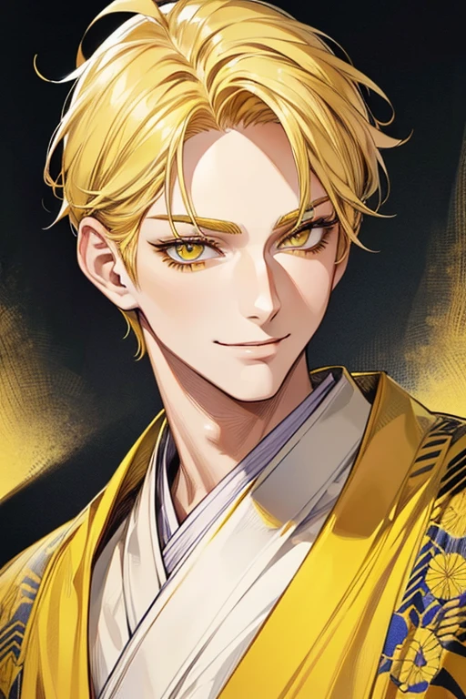 (muste piece), (best quality), extremely detailed, 1 man, solo focus, perfect face, pretty face, highly detailed face,yellow short hair, long yellow eyelashes、yellow eyebrows、Handsome man with expressive eyes, smiling, Yellow eyes、((kimono、detailed design))
