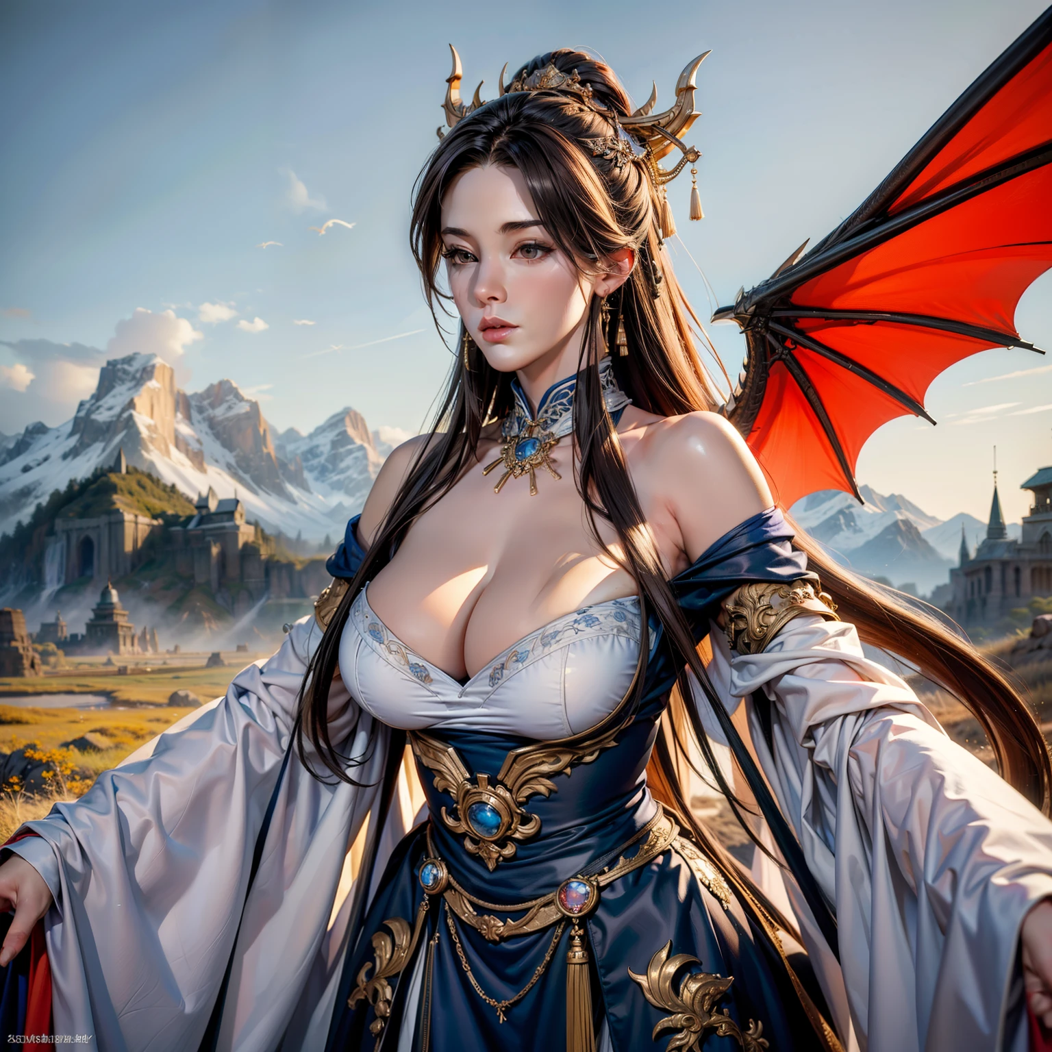 Amazing resolution、High resolution、(masterpiece:1.4)、super detailed、vivid details、1 female、queen of dragons、prairie landscape