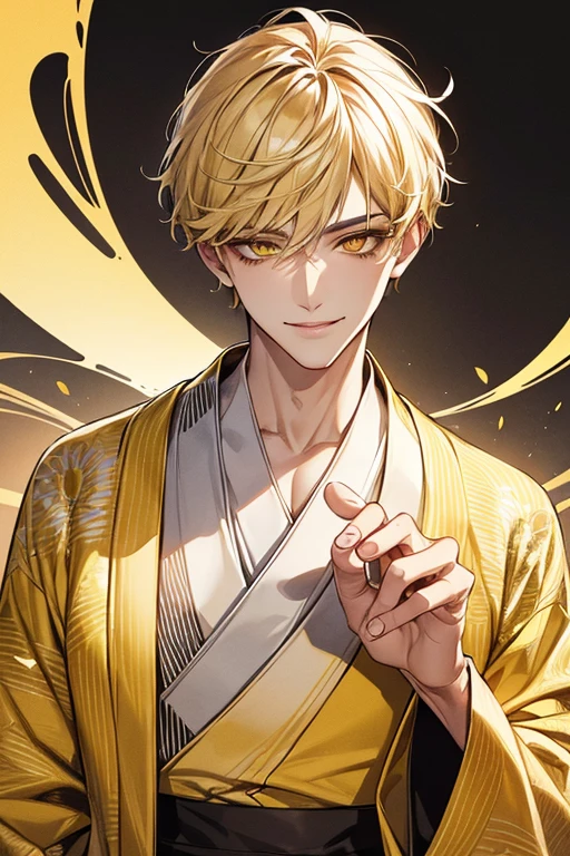 (muste piece), (best quality), extremely detailed, 1 man, solo focus, perfect face, pretty face, highly detailed face,yellow short hair, long yellow eyelashes、yellow eyebrows、Handsome man with expressive eyes, smiling, yellow eyes、((kimono、detailed design))