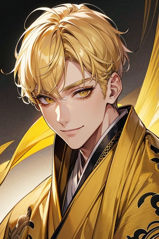 (muste piece), (best quality), extremely detailed, 1 man, solo focus, perfect face, pretty face, highly detailed face,yellow short hair, long yellow eyelashes、yellow eyebrows、Handsome man with expressive eyes, smiling, yellow eyes、((kimono、detailed design))