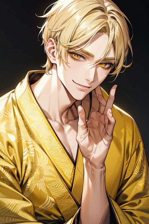(muste piece), (best quality), extremely detailed, 1 man, solo focus, perfect face, pretty face, highly detailed face,yellow short hair, long yellow eyelashes、yellow eyebrows、Handsome man with expressive eyes, smiling, Yellow eyes、((kimono、detailed design))