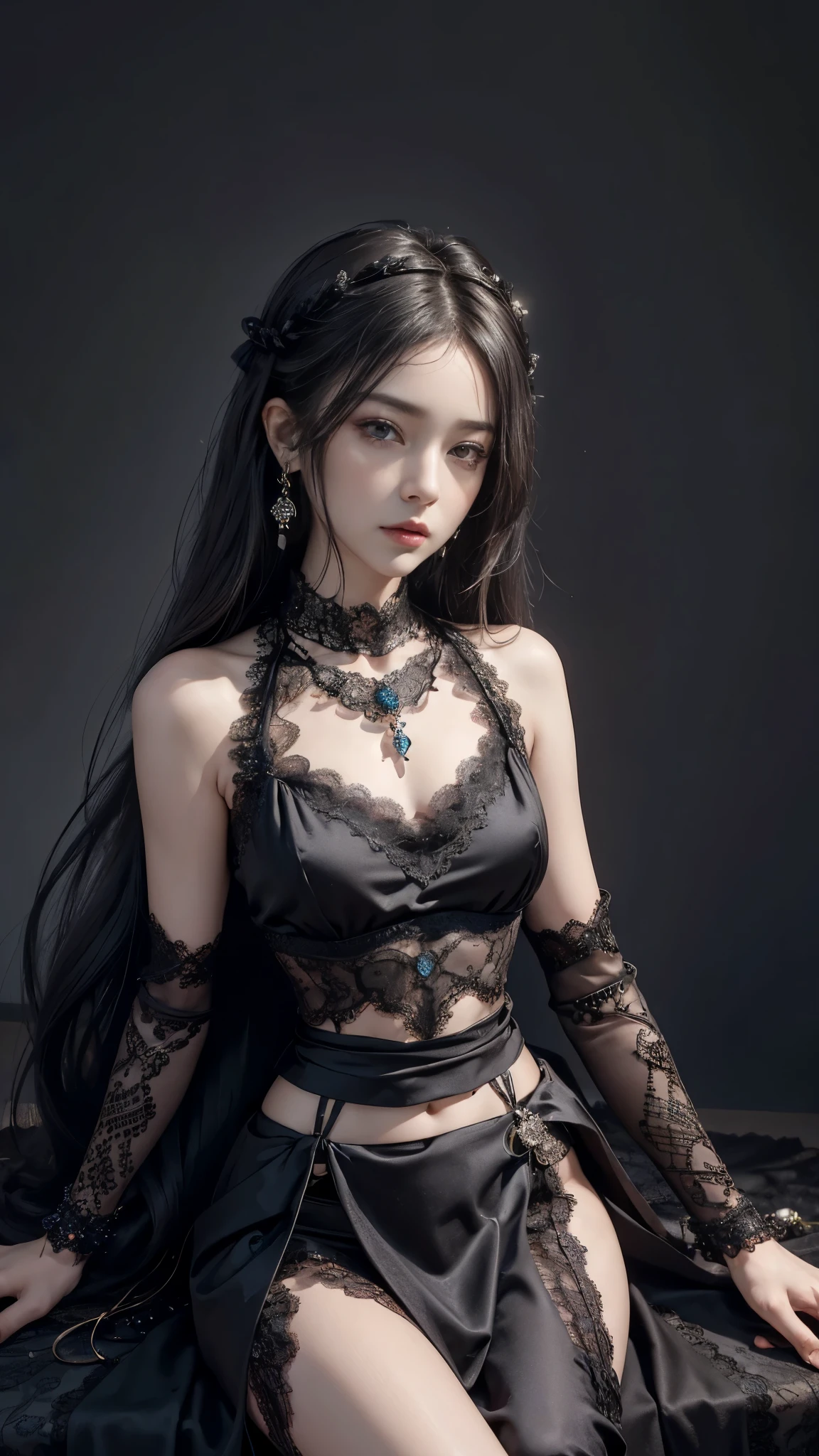 8K, ultra HD, Masterpiece, 1 girl, good face, very long hair, spreading hair, detailed eyes, lovely lips, shining black dress, decorated dress, strap dress, (bare waist:1.4), (lace:1.5), (jewellery:1.5), thigh high, night background, sitting,