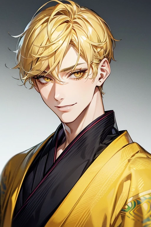 (muste piece), (best quality), extremely detailed, 1 man, solo focus, perfect face, pretty face, highly detailed face,yellow short hair, long yellow eyelashes、yellow eyebrows、Handsome man with expressive eyes, smiling, Yellow eyes、((kimono、detailed design))