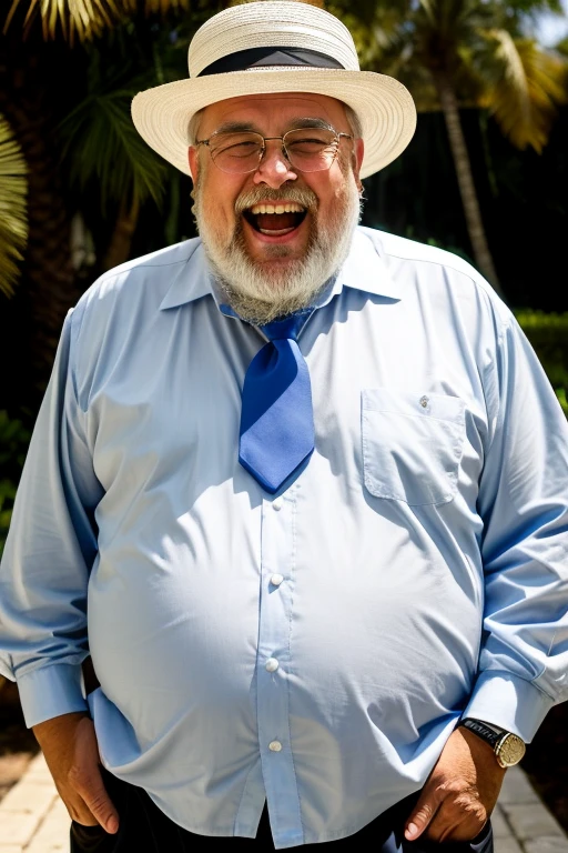 He is laughing with his huge tongue hanging out of his mouth, Expression of great happiness,a masterpiece by Raphael man Plump elderly old bearded gray-haired fat belly large morbid extremely thick thighs wearing only white lilac black yellow swimming trunks, he wears a white hat open long-sleeved dress shirt, ele usa gravata azul, he has a large blue tie around his neck, meias pretas, Eyeglasses