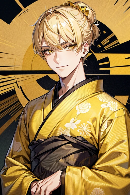 (muste piece), (best quality), extremely detailed, 1 man, solo focus, perfect face, pretty face, highly detailed face,yellow short hair, long yellow eyelashes、yellow eyebrows、Handsome man with expressive eyes, smiling, Yellow eyes、((kimono、detailed design))