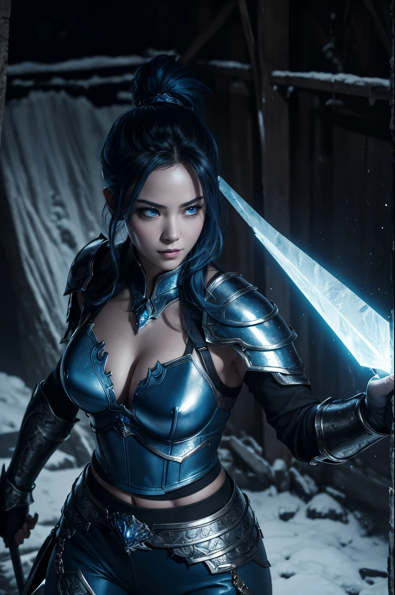 8K,depiction looking down from above,beautiful mature female demon, three horns, cruel smile, blue skin, sexyな氷の結晶の胸鎧, floating ice crystals, blue eyes,tempt me, take your soul, iceberg of the underworld, (masterpiece), (realistic:1.4), RAW, highest quality, ultra high resolution, rich colors, Backlight, cinematic lighting, film grain, RAW, 50mm lens, Nikon D850, cold tones,super realistic skin,inside a dark dungeon,depiction looking down from above,blue short mohawk hair,Oni woman,have a long and large spear,battle scene,action scene,action pose,blue shoulder armor,blue gauntlet,trained body,sexy,luxury blue pants,blue waist armor,ice crystal pattern,