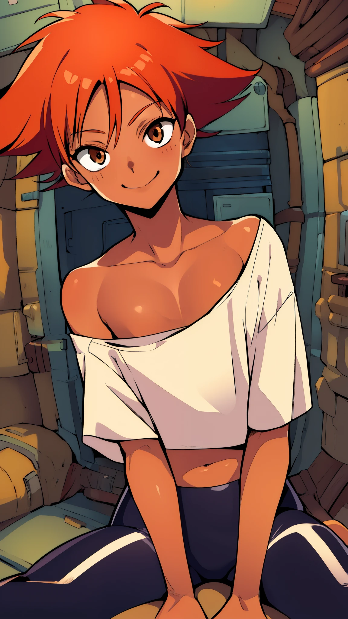 Edward,midriff,orange hair,white shirt,off shoulder,collarbone,tan skin, black bike shorts,goggles, brown eyes, space station,engine room, upper body,sitting, sexy pose, smiling, (insanely detailed, beautiful detailed face, masterpiece, best quality),