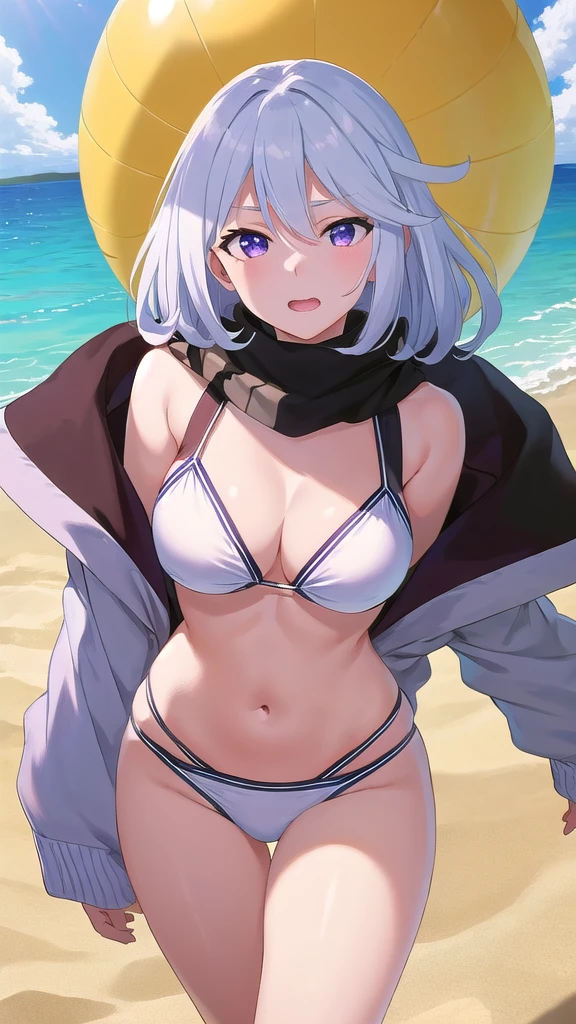 masterpiece, best quality, 1 solo girl, white hair, purple eyes, short hair, medium breasts, mature body and face, wavy hair, white bikini, scarf, beach, white sand, beach ball, summer, leg up, cowboy shots, detailed body, face, and eyes, sharp focus, vibrant, creative, dynamic, high definition, high resolution, 8k, (Upscale: R-ESRGAN 4x+ Anime6mage enchance:4x), voluptuous body