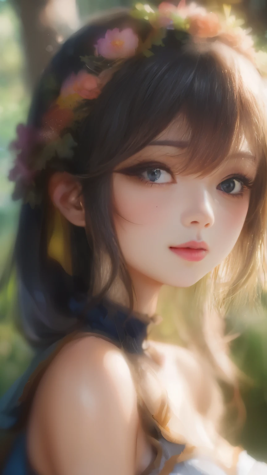 Anime girl with a flower crown in the forest with flowers in her hair, portrait anime girl, beautiful anime portrait, beautiful anime girl, stunning anime face portrait, Beautiful anime face, detailed portrait of an anime girl, detailed digital anime art, cute anime girl portraits, cute anime girl portrait, digital anime art, Beautiful digital images, anime style 4k, Realistic teen anime girl