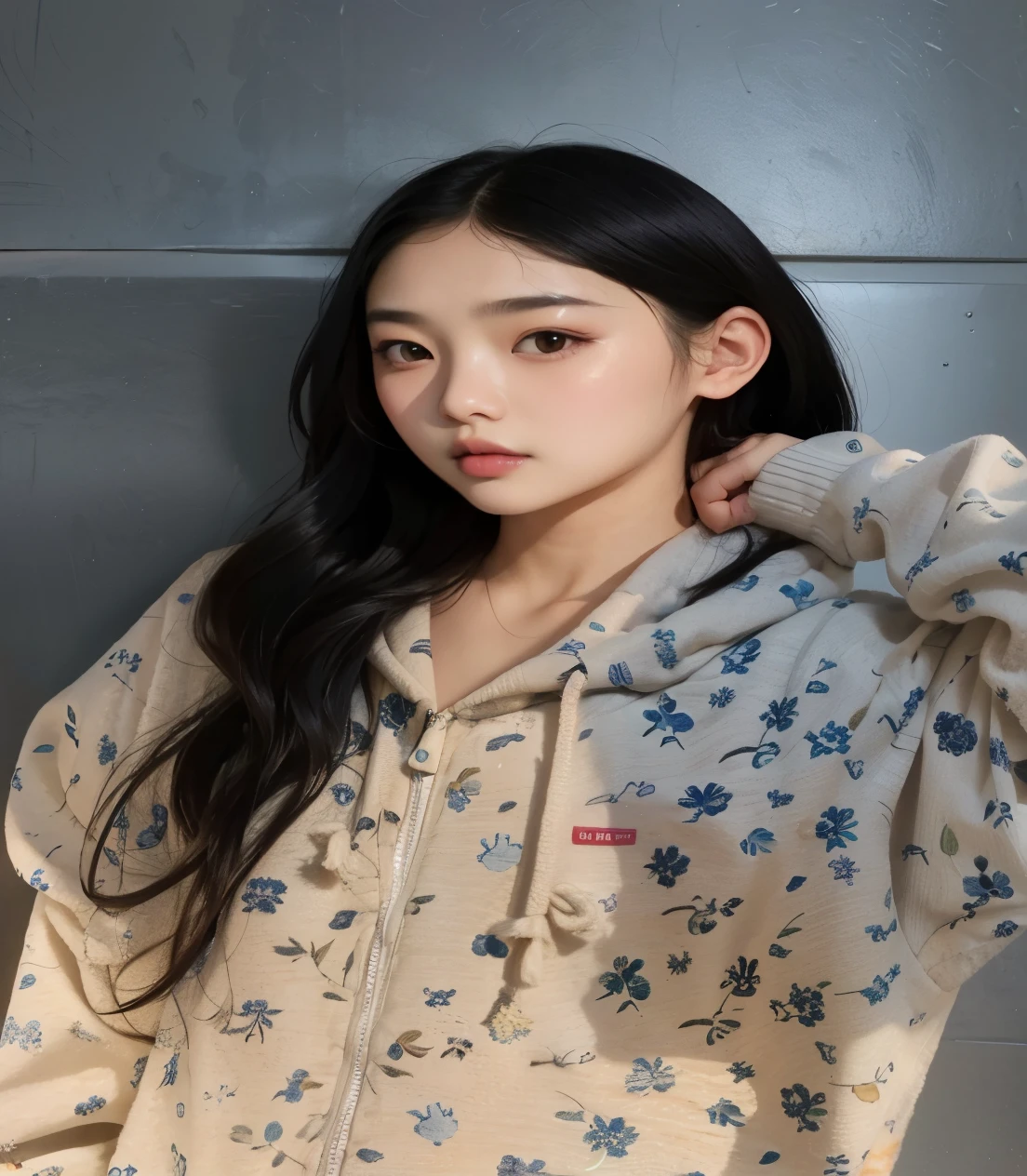 una mujer con una sudadera con capucha floral posa para una foto, jaeyeon nam, jinyoung shin, kim taejin, ulzzang, heonhwa choe, kim doyoung, lee ji-eun, lee ji - eun, jossi de blackpink, wenfei ye, aparcar desde-min, pale korean adorable face, yanjun chengt, chen xintong