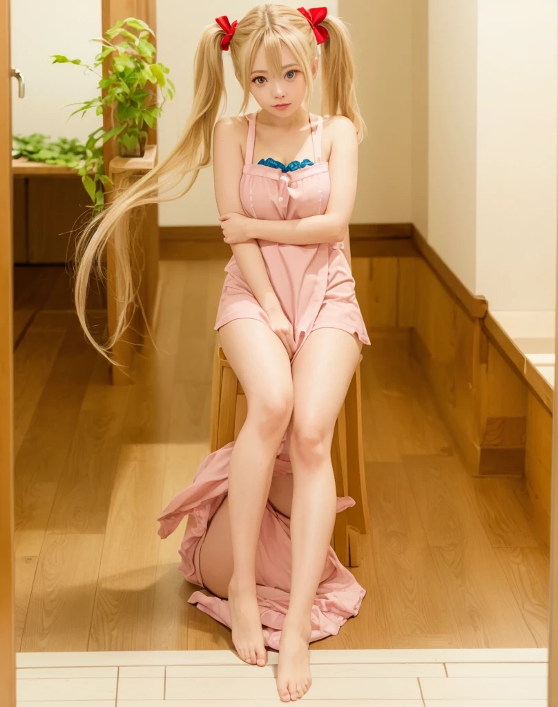 1girl blonde, 25yo, shy, blush, (akizuki airi, bright blue eyes, blonde_hair, twintails, very_long_hair, hair_ornament red, hair_scrunchie red, medium_breasts), (akizuki airi, bright blue eyes, blonde_hair, twintails, very_long_hair, hair_ornament red, hair_scrunchie red, medium_breasts,), breast hold, apron, full body, no shoes, barefoot, sitting,