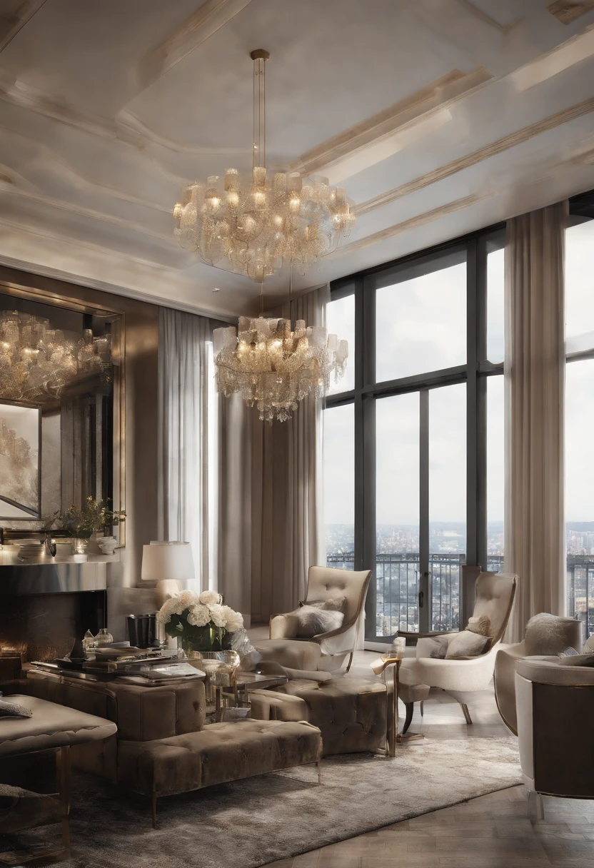 A dream apartment with luxurious and sophisticated decoration, with glass windows that offer a panoramic view of the city. The style is classic and elegant, with gold and marble details that add a touch of opulence. 8K resolution allows you to appreciate every texture and detail in exceptional quality.