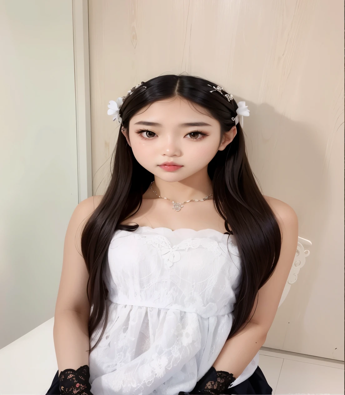 una mujer de pelo largo con un vestido blanco y una diadema de flores, ulzzang, peinado de corte hime blanco, pale korean adorable face, jaeyeon nam, maquillaje popular de corea del sur, jossi de blackpink, maquillaje coreano popular, jinyoung shin, joven y adorable rostro coreano, peinado de coletas, Hermosa joven coreana, asian girl with long hair, Muchacha coreana, el corte de hime