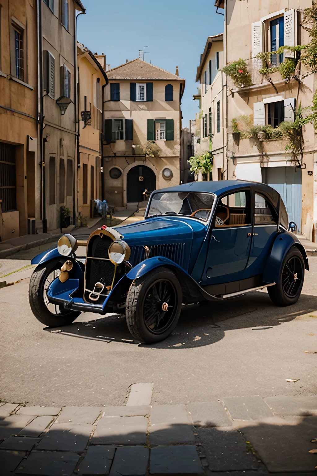 make me a pic of old model bugatti with background of old cities theme
