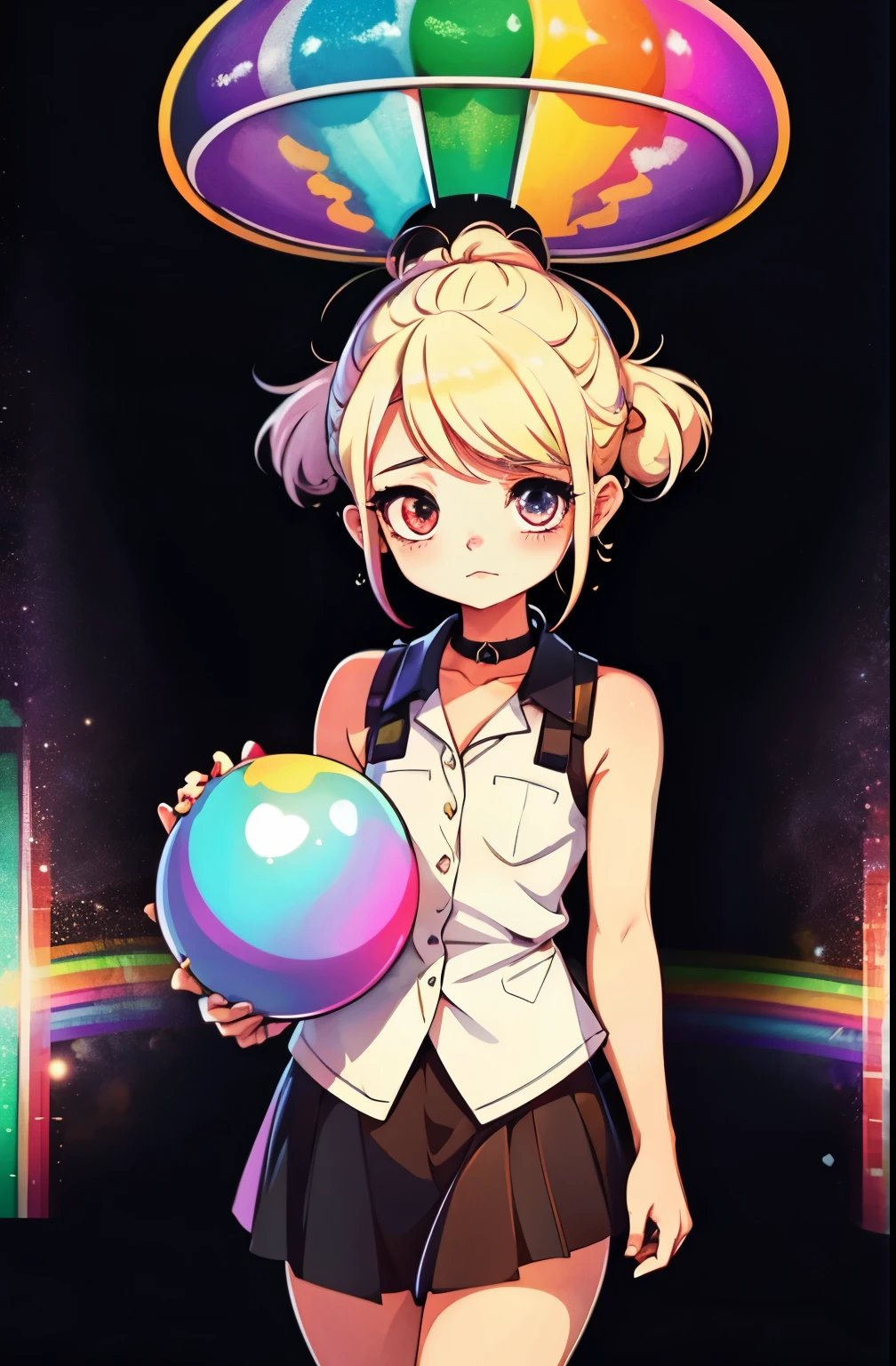 Rainbow on background、rainbow colors、Colorful、highest quality、Super high resolution、(photoreal:1.4)、Female 1 Person、Sleeveless white buttoned shirt、black skirt、black choker、cute、(Kpop Idle)、(charm:1)、(platinum blonde hair:1)、((puffy eyes))、look at the audience、Full body Esbian、facing the front