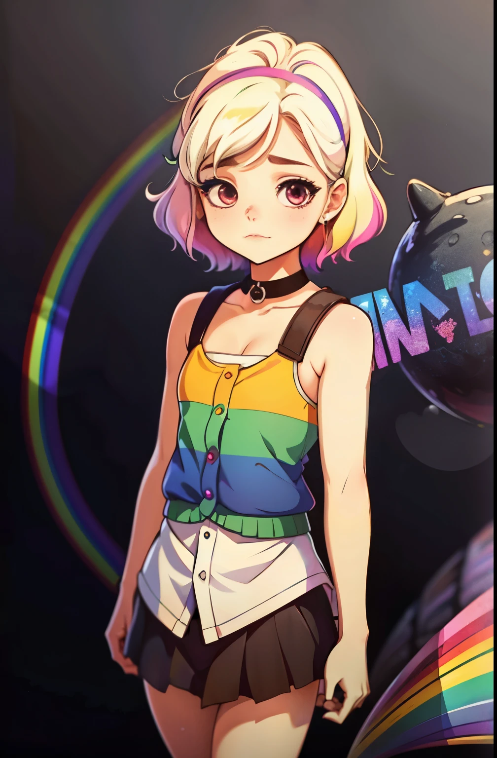 Rainbow on background、rainbow colors、Colorful、highest quality、Super high resolution、(photoreal:1.4)、Female 1 Person、Sleeveless white buttoned shirt、black skirt、black choker、cute、(Kpop Idle)、(charm:1)、(platinum blonde hair:1)、((puffy eyes))、look at the audience、Full body Esbian、facing the front