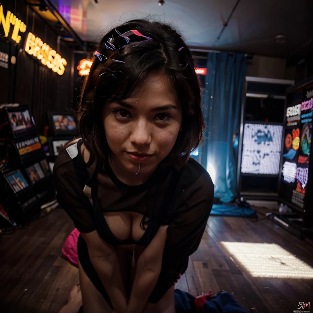 ugly girl, rotten skin, pimple and freckles on face, , open shirt, very long hair, disheveled hair, small breasts, panties, zombie girl, gaming house, lots of arcade games, zombie pose, leaning forward, best quality, high resolution, hyperrealistic, 8K, HDR