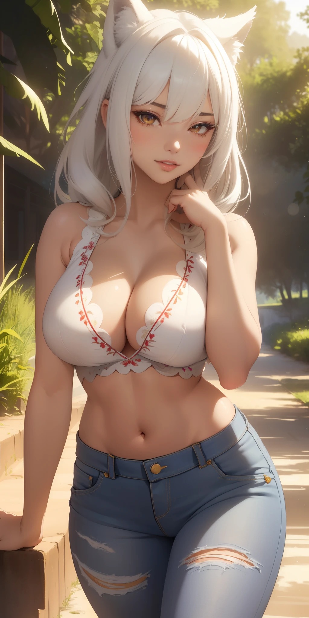 big soft breasts ((she is beautiful 30 year old wolf girl)), ((natural long snow white hair, with beautiful bangs)), double eyelids, detailed light brown eyes, hyper detailed eyes, light effect on eyes , detailed iris, has an extremely sexy appearance, with incredible breasts and perfect waist, ((short cropped red embroidery details, sleeveless, cowboy shot, jeans, light makeup, cleavage)), ((masterpiece, hyper realistic, hyper detailed, best quality, 16k, light and shadow effect on skin, vivid colors)), eyeliner, passionate expression, Perfect lips, innocent and sexy face, charming smile, ((skin with light and shadow), beautifully seductive , in love, Embarrassed, ((she is beautiful)), ((sensual pose variables)), flirting with the viewer, seductive look, rice fields in the distance, flower beds, ((dirt road))