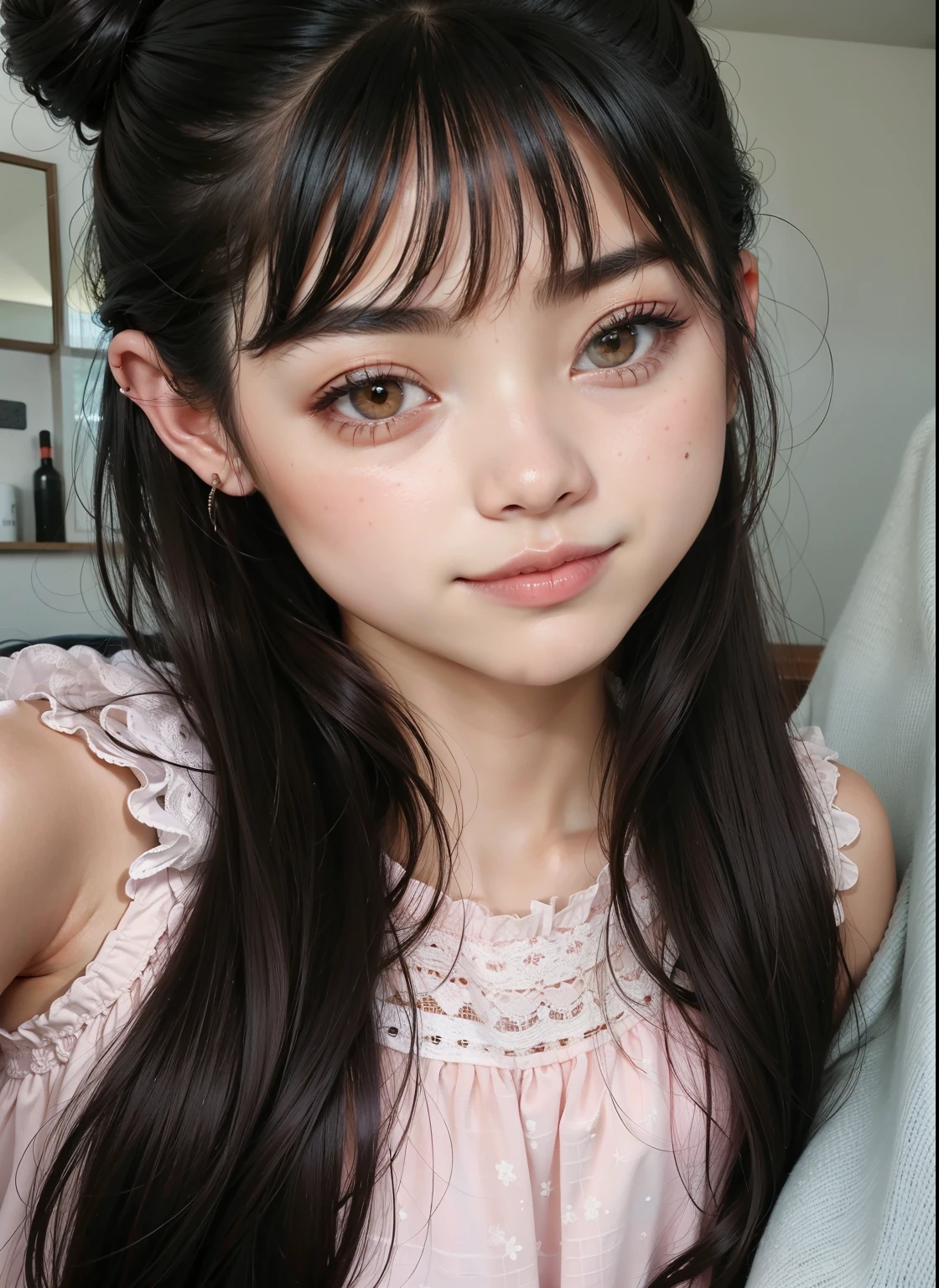 un primer plano de una joven con el pelo largo y un top rosa, el corte de hime, retrato realista kawaii, maquillaje suave, chica linda-cara-fina, Lalisa Manobal, ulzzang, cara linda y clara, bella delfina, Young cute pale asian face, Cabello rosado y ojos cian., con cara linda - fina