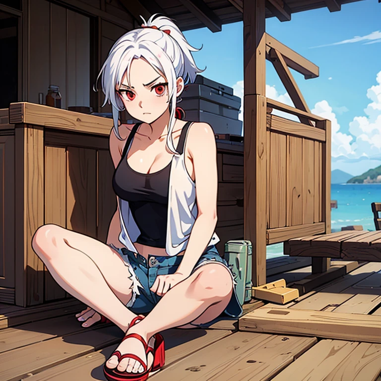 A 19 year old girl named pandora with red eyes and white hair. She wears a tank-top, shorts, and sandals (One Piece art style)