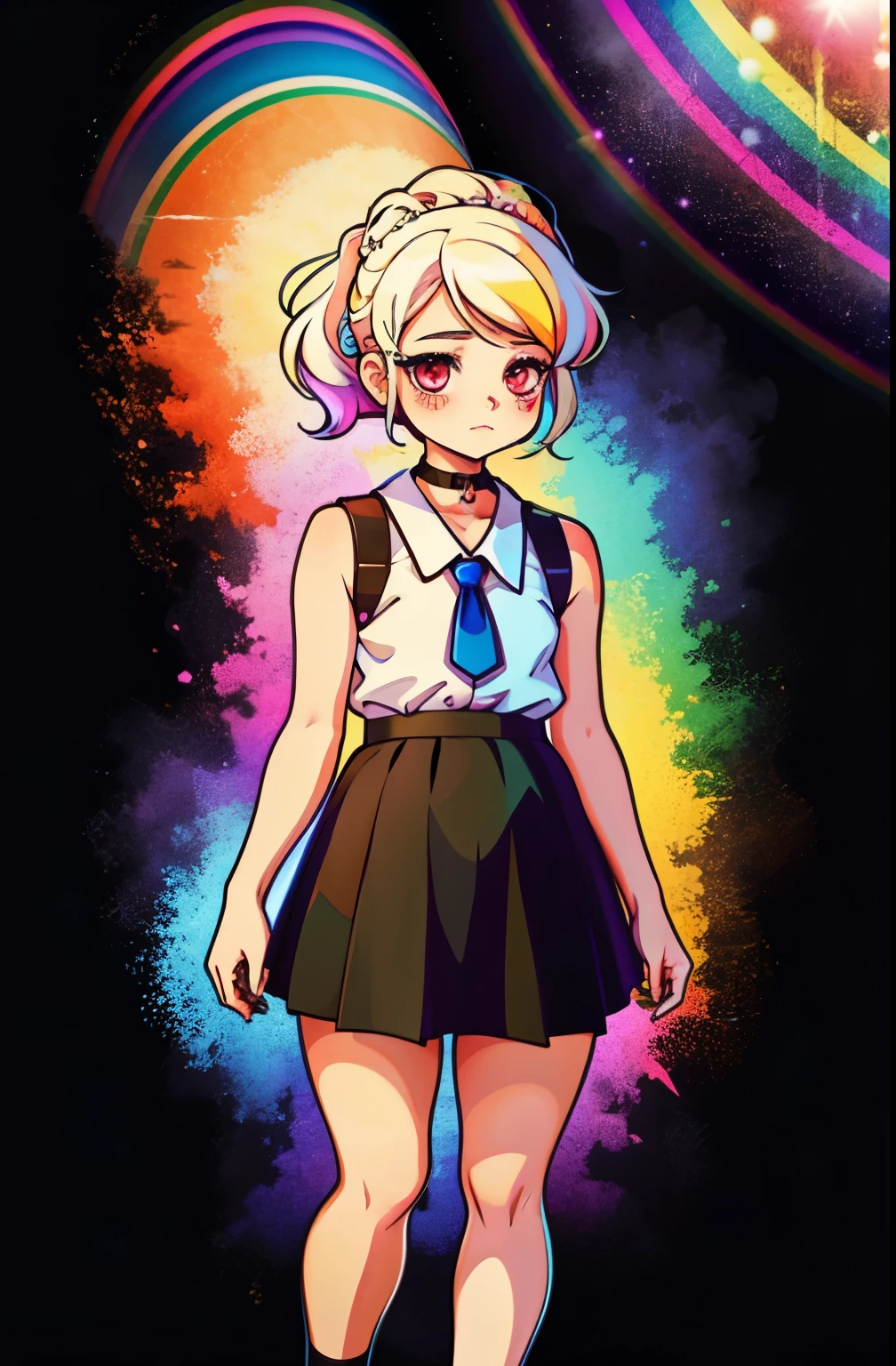 Rainbow on background、rainbow colors、Colorful、highest quality、Super high resolution、(photoreal:1.4)、Female 1 Person、Sleeveless white buttoned shirt、black skirt、black choker、cute、(Kpop Idle)、(charm:1)、(platinum blonde hair:1)、((puffy eyes))、look at the audience、Full body Esbian、facing the front