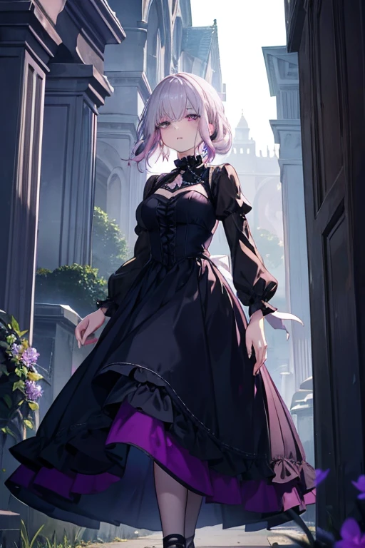 A silver haired woman with green eyes is wearing a gothic dress on walking through a cemetery with a pink haired woman with violet eyes
