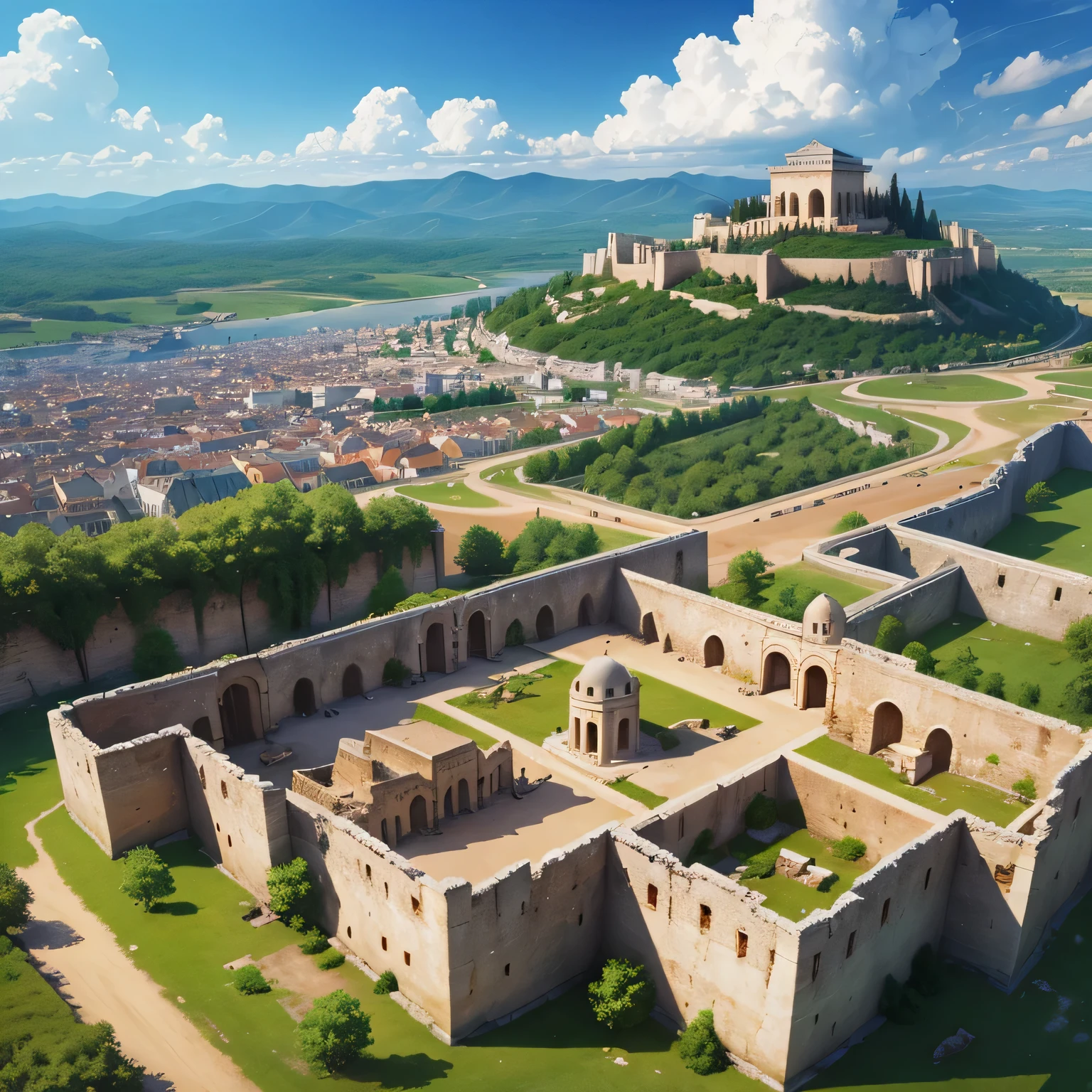 Create an aerial view of a medieval walled city. Create aerial image of a walled acropolis on a green hill.